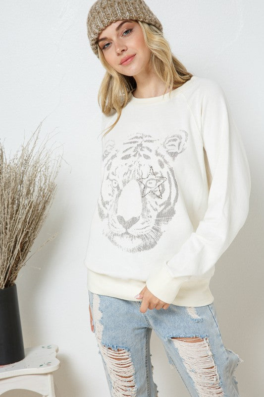 French Terry Tiger Studded Star Graphic Sweatshirt