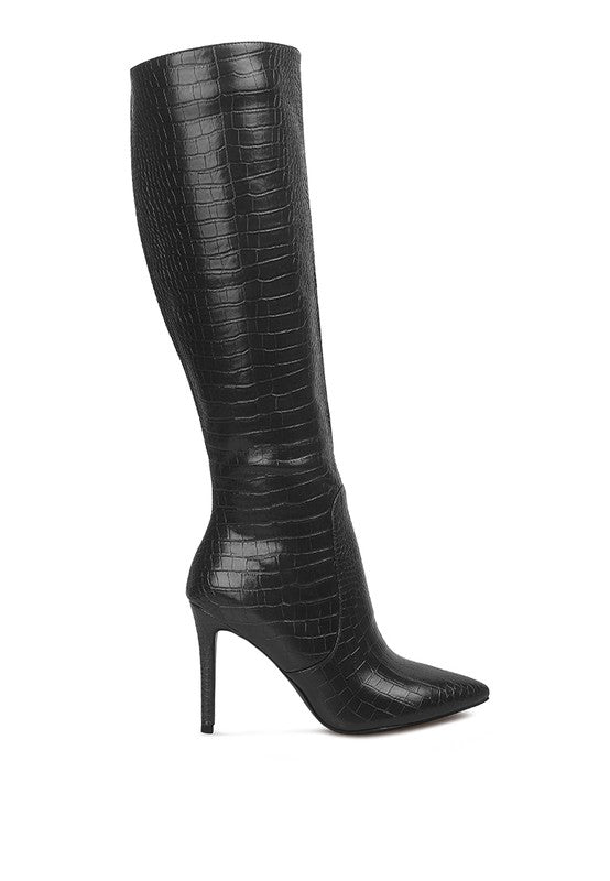 Lavish High Heeled Croc Calf Boots