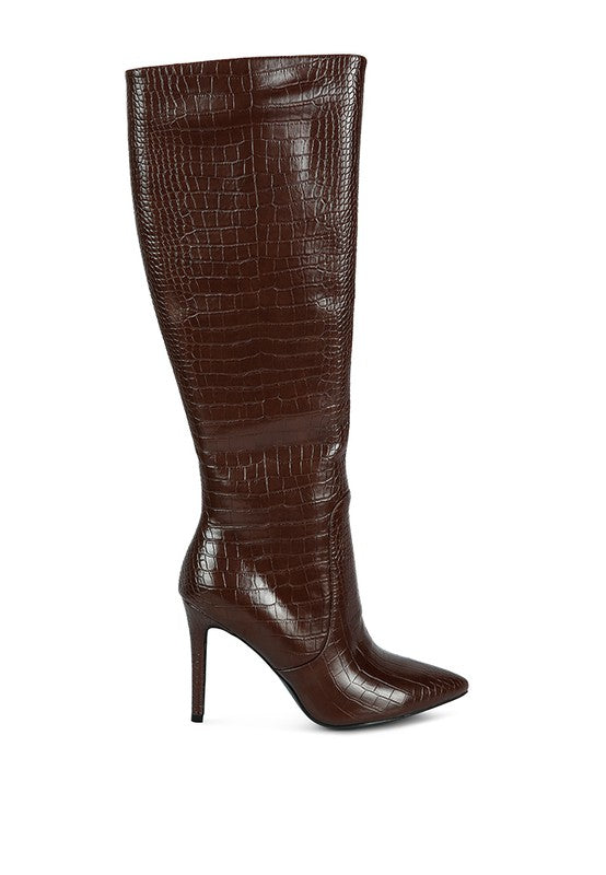 Lavish High Heeled Croc Calf Boots