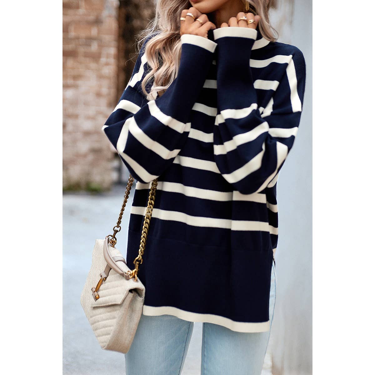 Striped Mock Neck Loose Fit Knit Side Open Sweater