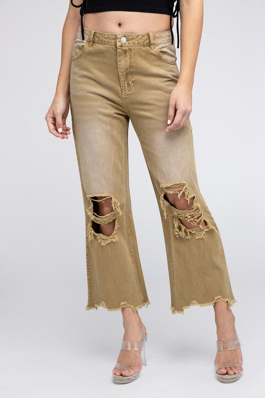 Distressed Vintage Washed Wide Leg Pants