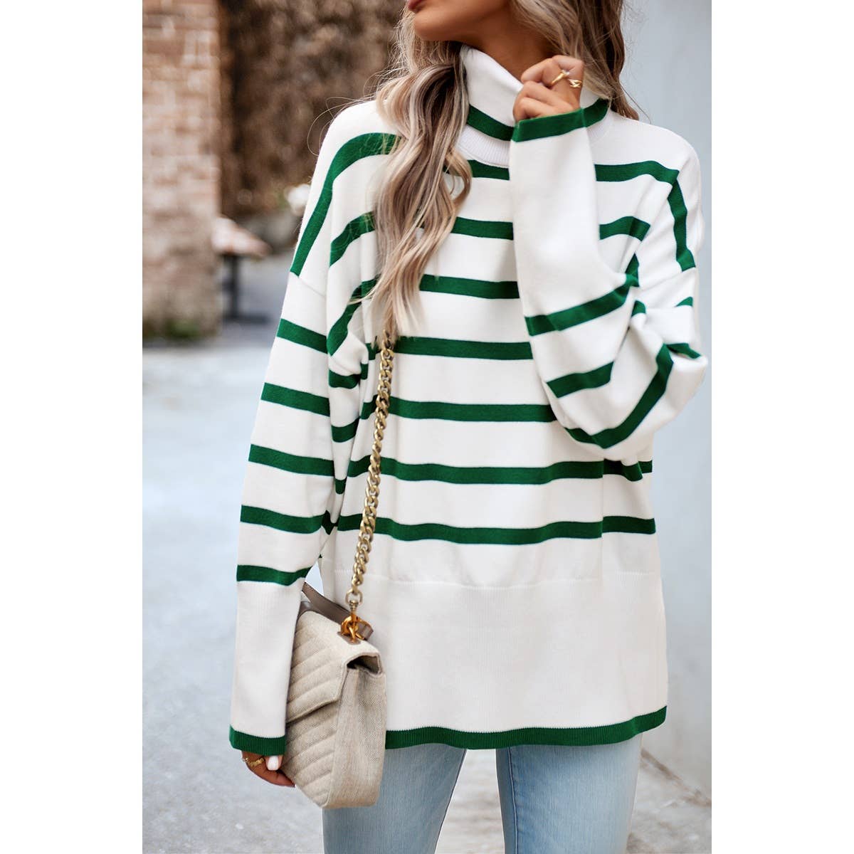 Striped Mock Neck Loose Fit Knit Side Open Sweater