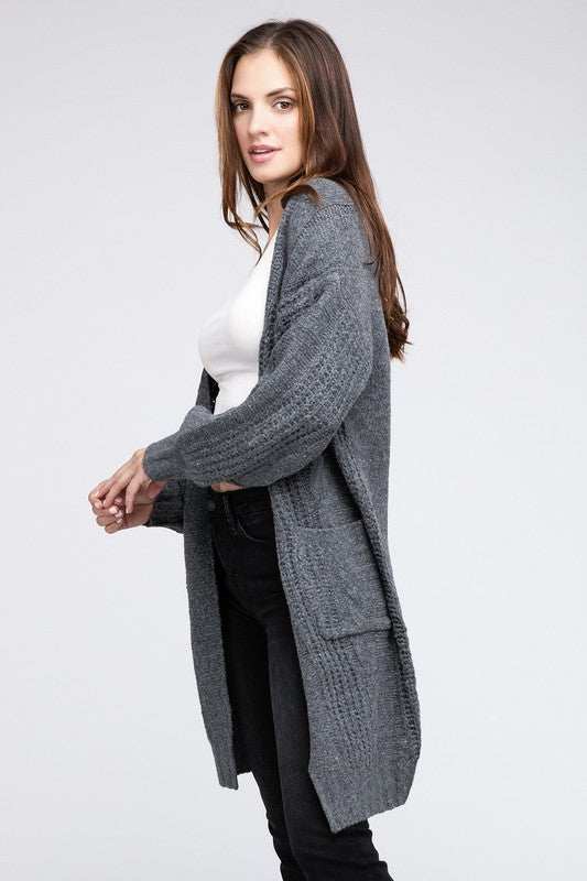 Twist Knitted Open Front Cardigan With Pockets