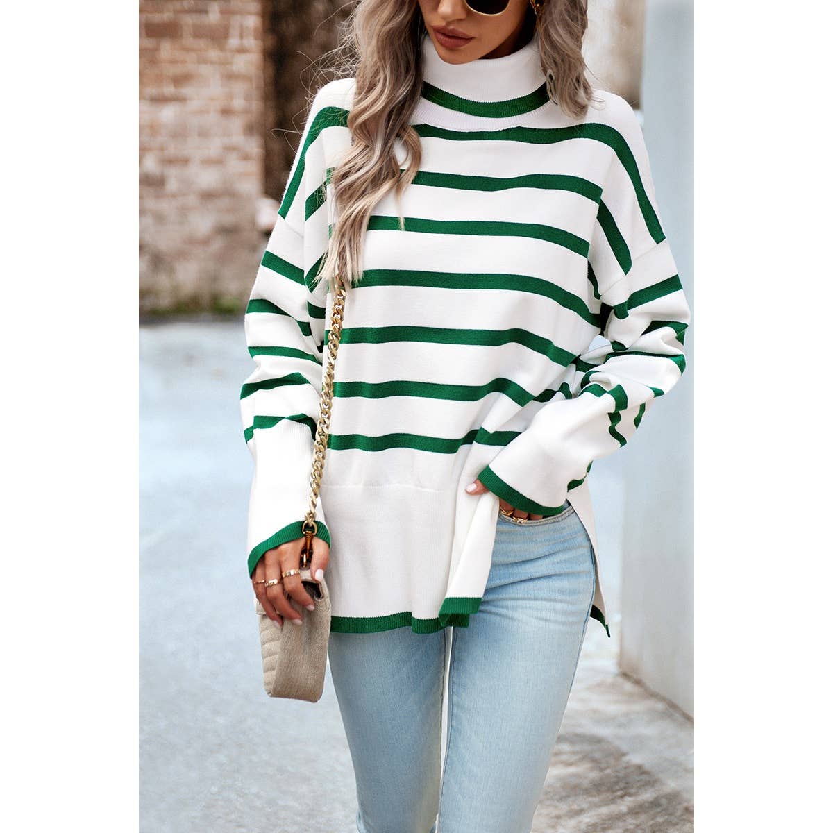 Striped Mock Neck Loose Fit Knit Side Open Sweater