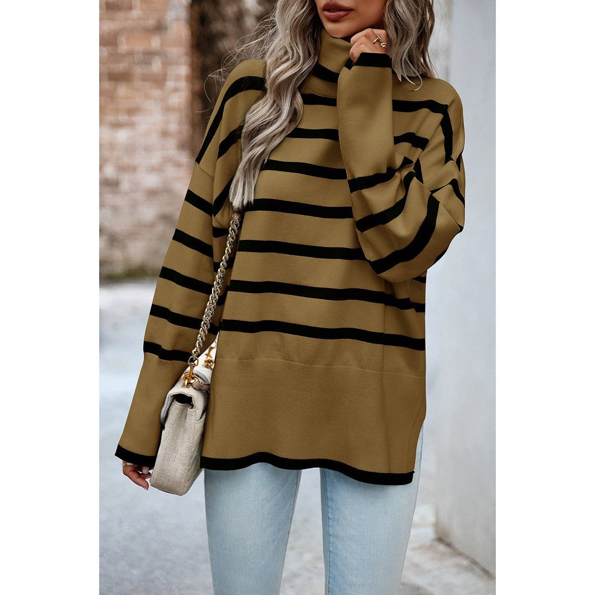 Striped Mock Neck Loose Fit Knit Side Open Sweater