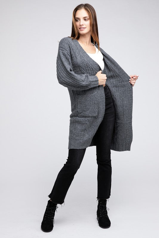 Twist Knitted Open Front Cardigan With Pockets