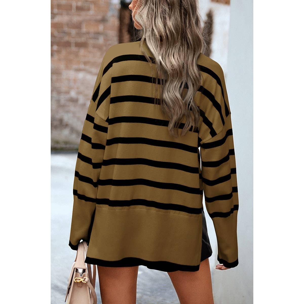 Striped Mock Neck Loose Fit Knit Side Open Sweater