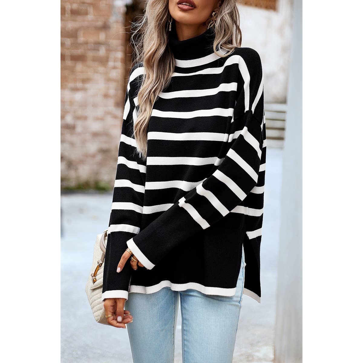 Striped Mock Neck Loose Fit Knit Side Open Sweater