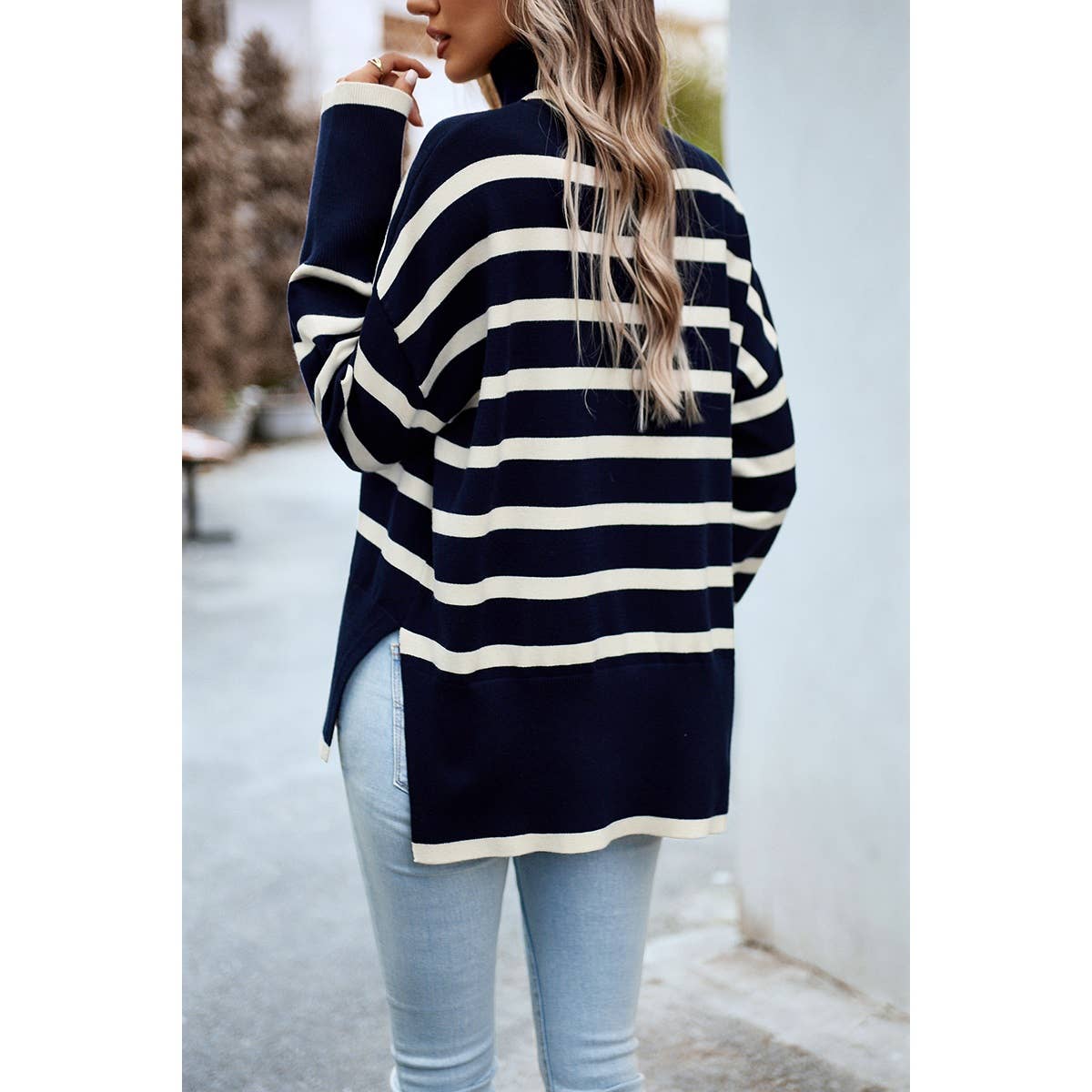 Striped Mock Neck Loose Fit Knit Side Open Sweater