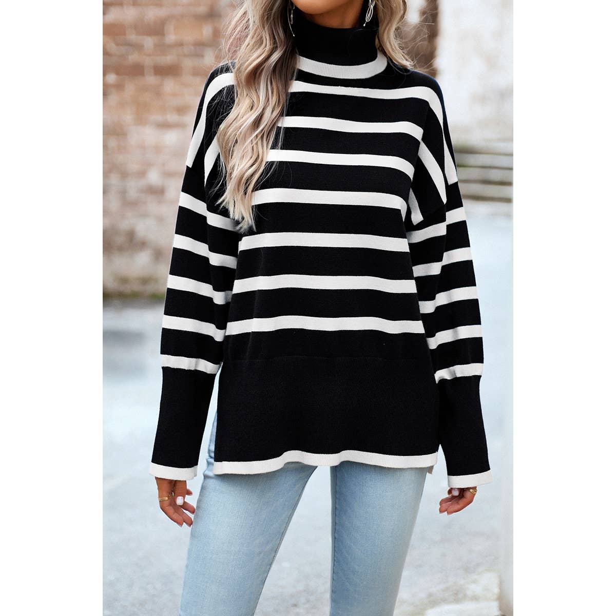 Striped Mock Neck Loose Fit Knit Side Open Sweater