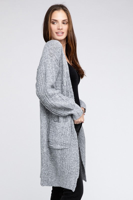 Twist Knitted Open Front Cardigan With Pockets