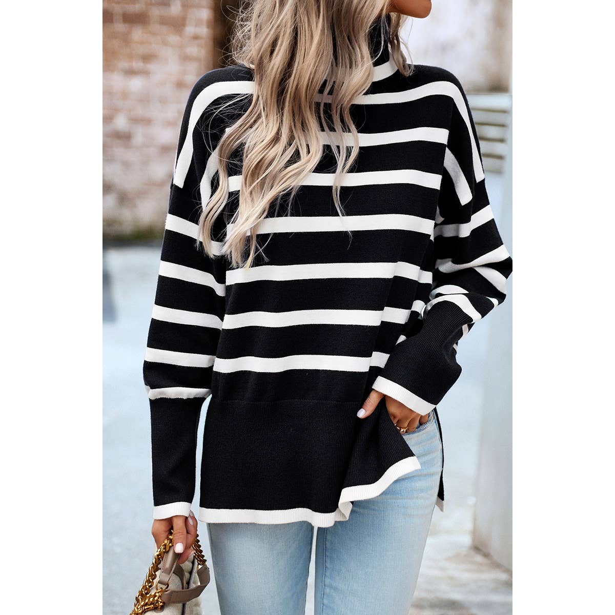 Striped Mock Neck Loose Fit Knit Side Open Sweater