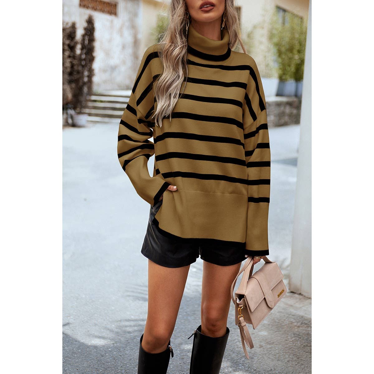 Striped Mock Neck Loose Fit Knit Side Open Sweater